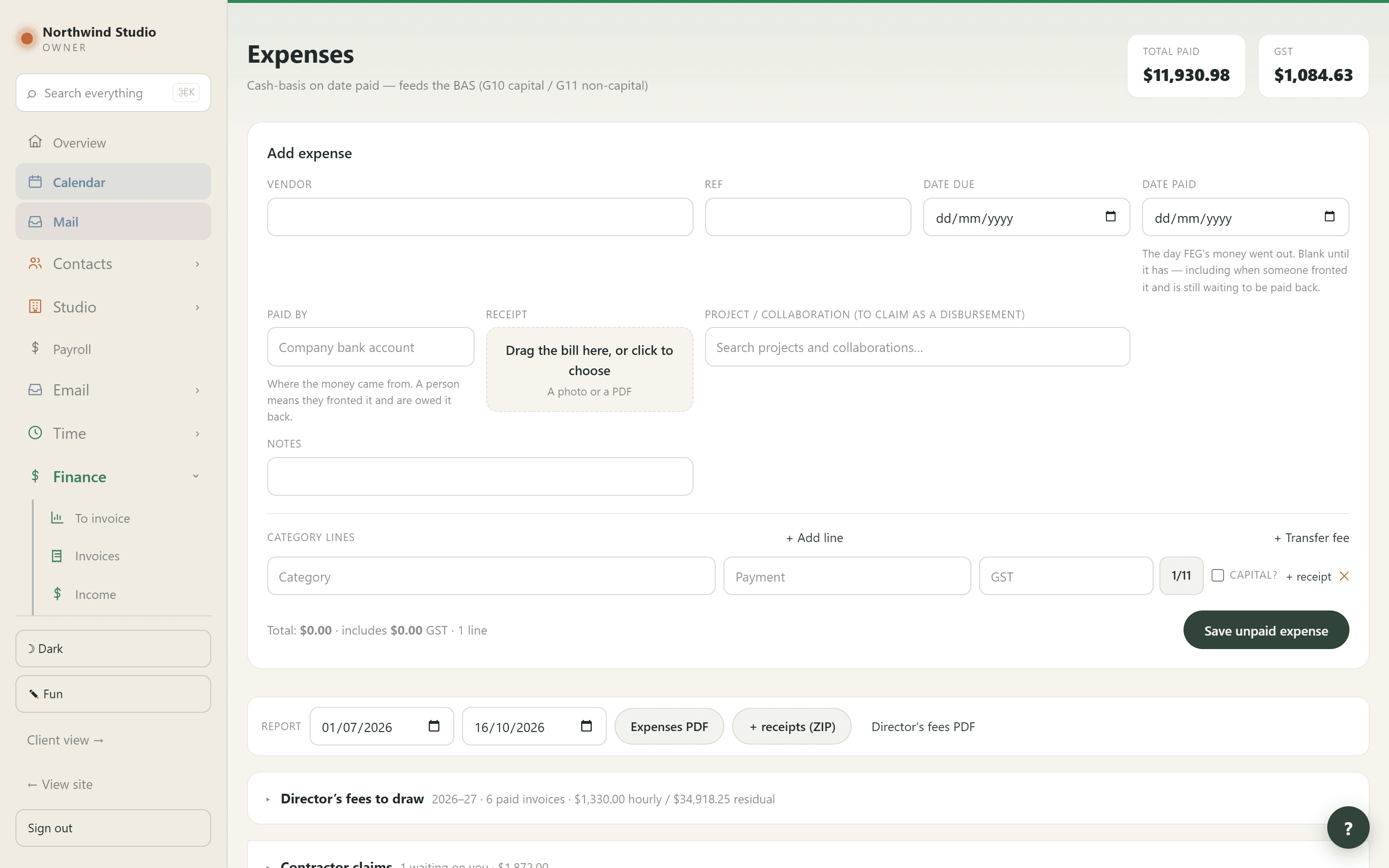 The expenses screen, showing what the practice has spent