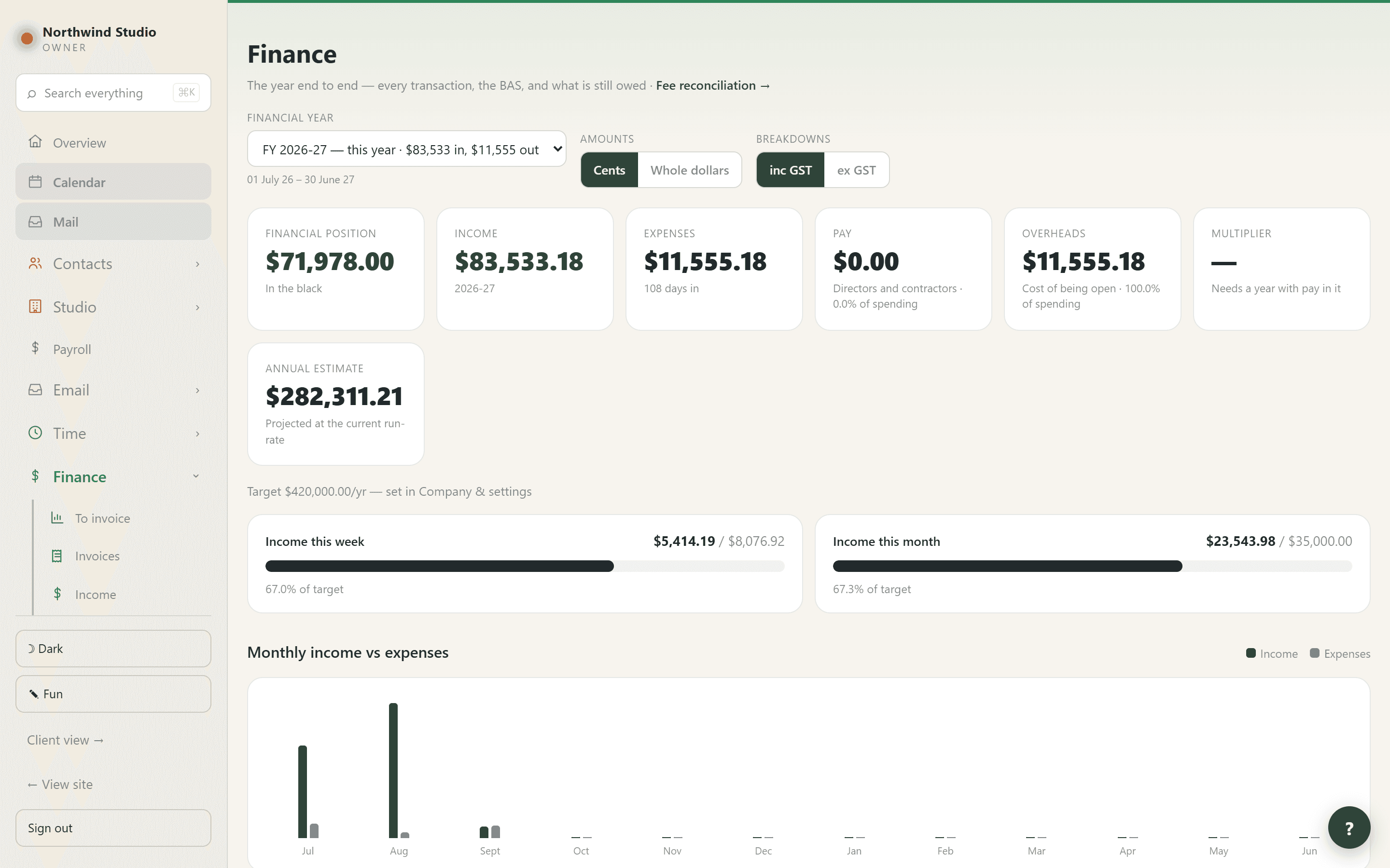 The finance screen showing the financial year end to end