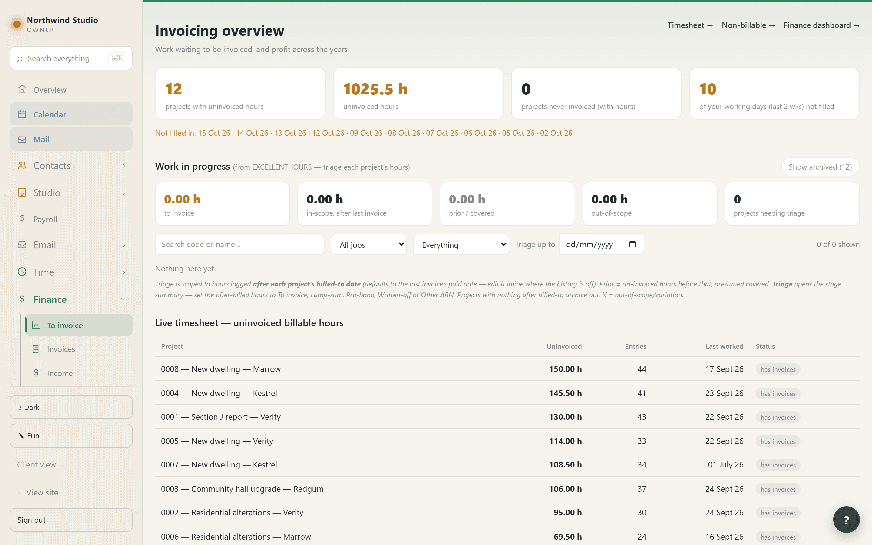 The invoicing overview, showing uninvoiced hours by project