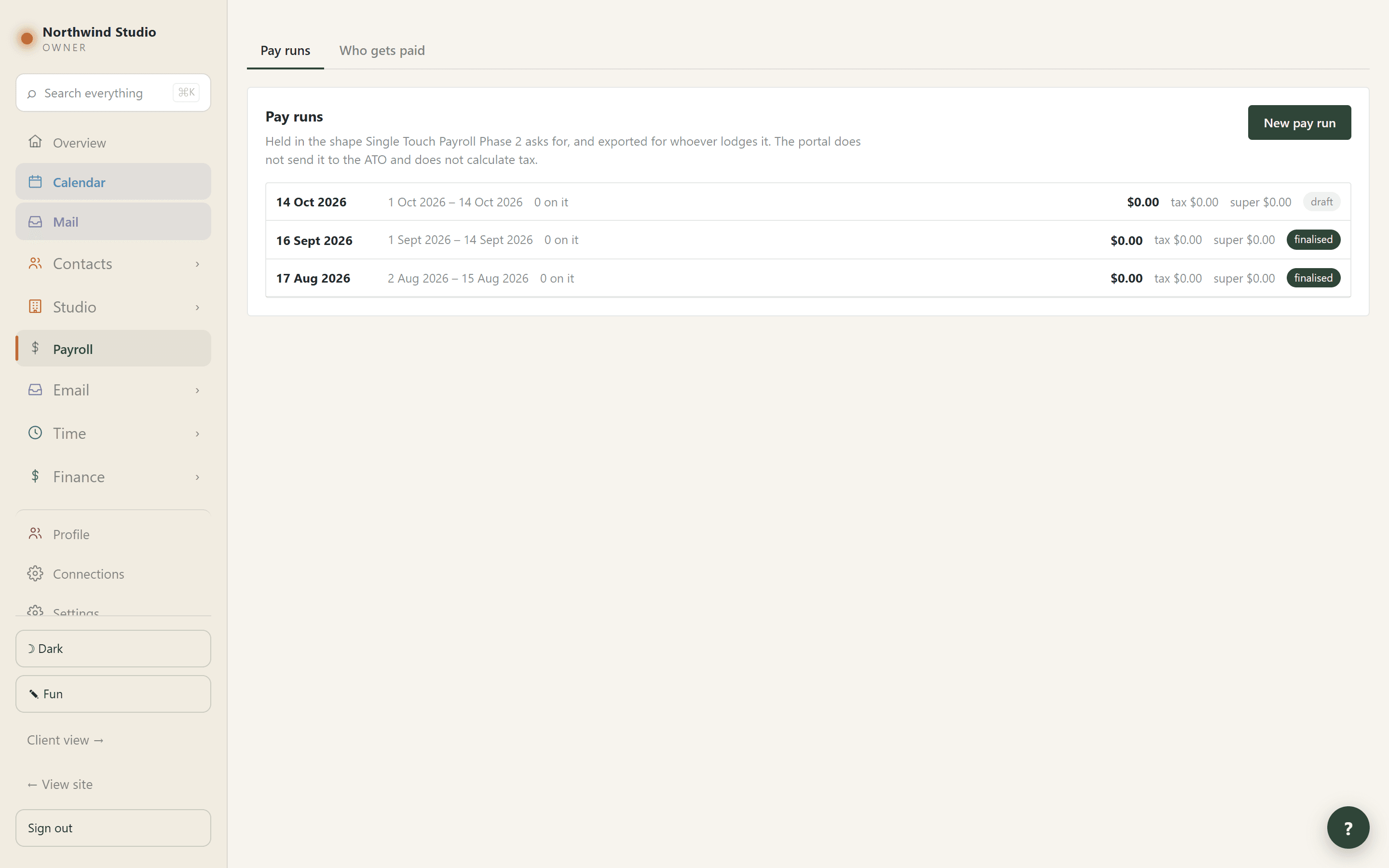 Payroll, with a pay run ready to export