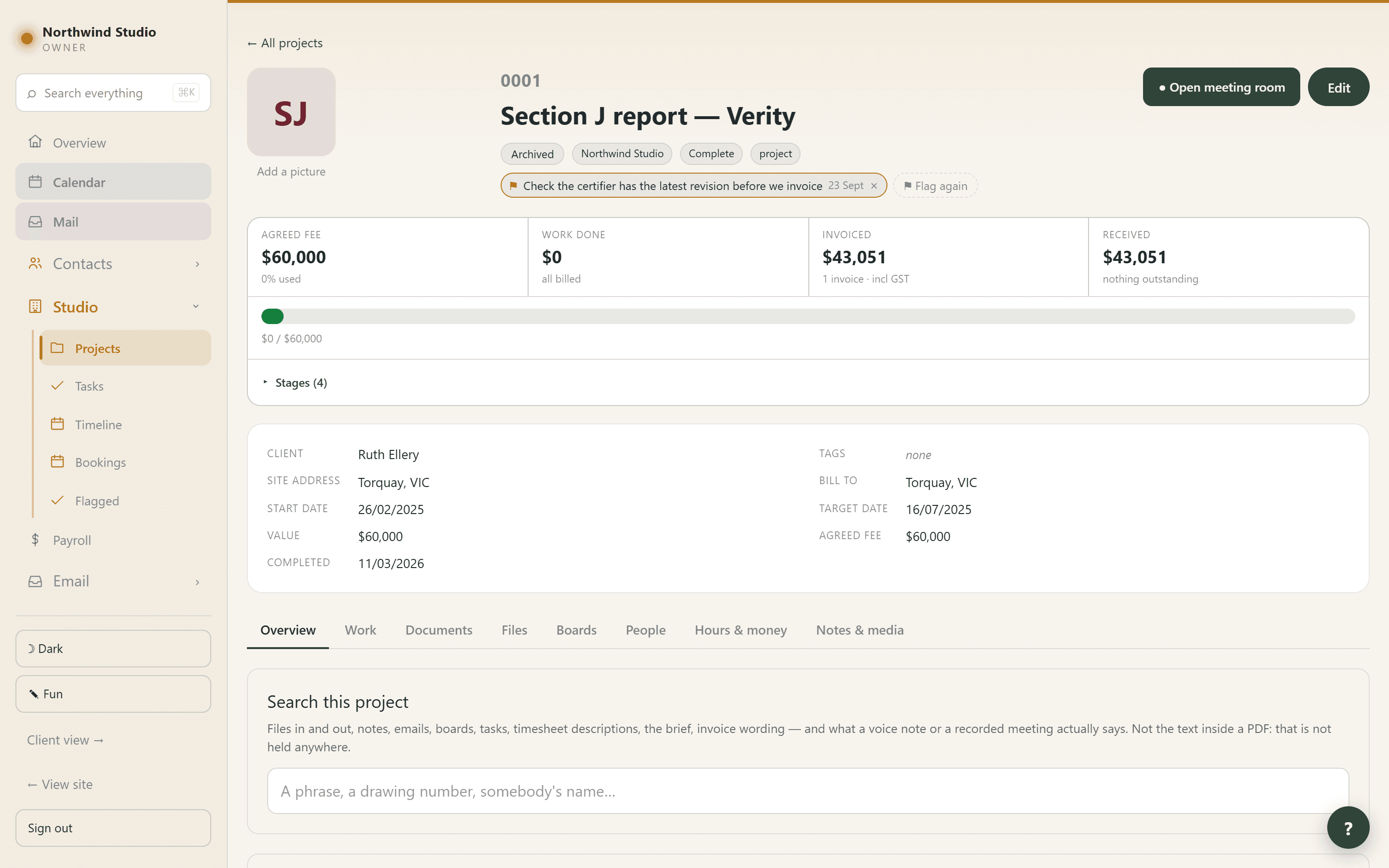 One project: the money strip, the details card and the job’s tabs