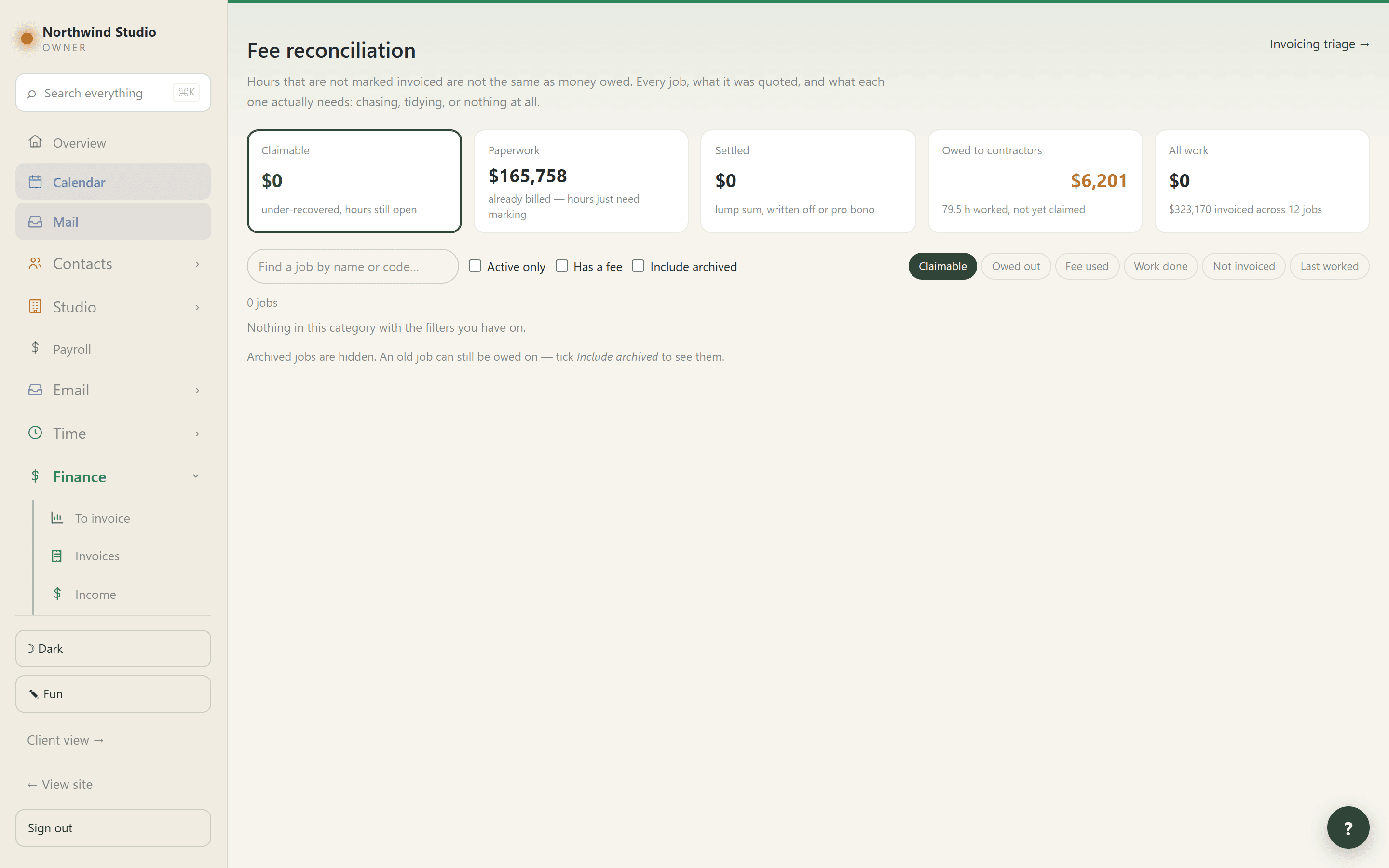 The fee reconciliation screen